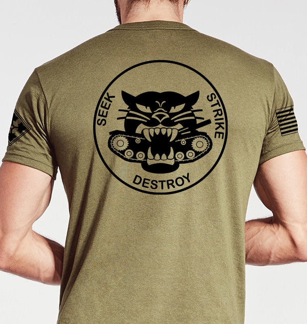 Coyote Tan Seek Strike Destroy (Black Print). This Shirt is NOT Approved for PT ***FREE Liaison Pick-up for orders being sent to Base only**